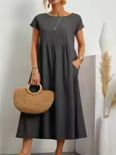 Vestido Midi liso Vintage para mujer, pantalón corto informal de manga de algodón y lino, vestido largo Harajuku de gran tamaño, vestido veraniego