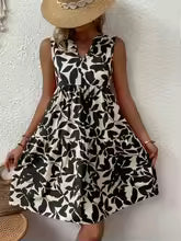 Minivestido con estampado bohemio para mujer, vestido elegante sin mangas con cuello en V y volantes, vestido sin mangas informal holgado de talla grande para fiesta en la playa