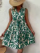 Minivestido con estampado bohemio para mujer, vestido elegante sin mangas con cuello en V y volantes, vestido sin mangas informal holgado de talla grande para fiesta en la playa