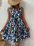 Minivestido con estampado bohemio para mujer, vestido elegante sin mangas con cuello en V y volantes, vestido sin mangas informal holgado de talla grande para fiesta en la playa