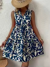 Minivestido con estampado bohemio para mujer, vestido elegante sin mangas con cuello en V y volantes, vestido sin mangas informal holgado de talla grande para fiesta en la playa